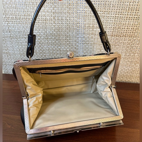 🌟HP🌟VTG 1950s Black Floral Tapestry Carpet Bag Top Handle Handbag by Dover USA - Picture 3 of 16